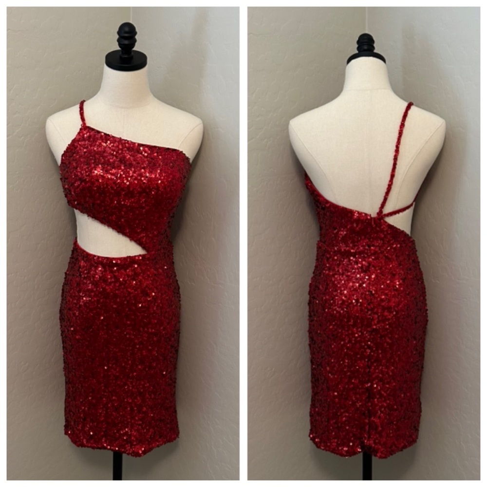 NEW JOVANI SZ 4 RED SEQUIN ONE SHOULDER CUT OUT FORMAL COCKTAIL DRESS